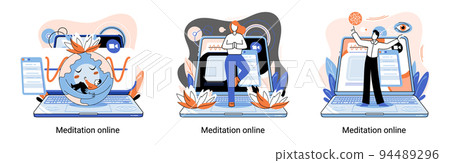 Meditation online metaphor. Practicing yoga, mental exercises. Wellness practice to restore peace of mind 94489296