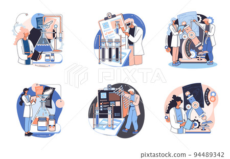 Medical research. Laboratory diagnostic services, medical device design and development scenes set metaphor Medical research. Laboratory diagnostic services, medical device design and development scenes set metaphor 94489342