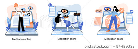 Meditation online metaphor. Practicing yoga, mental exercises. Wellness practice to restore peace of mind 94489352