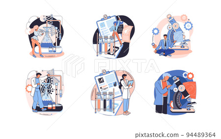 Medical research. Laboratory diagnostic services, medical device design and development scenes set metaphor 94489364