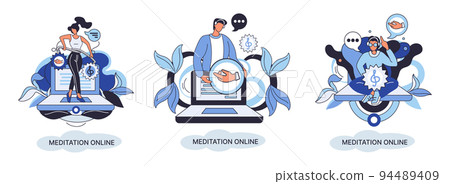 Meditation online metaphor. Practicing yoga, mental exercises. Wellness practice to restore peace of mind Meditation online metaphor. Practicing yoga, mental exercises. Wellness practice to restore peace of mind 94489409