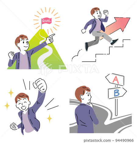 Illustration set of a young man with a simple touch (step up, selection, goal, achievement) Illustration set of a young man with a simple touch (step up, selection, goal, achievement) 94490966