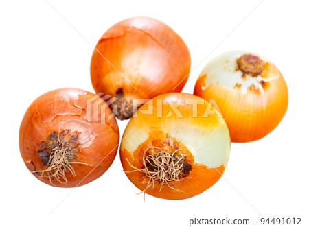 Close up photo of onions on wooden table Close up photo of onions on wooden table 94491012
