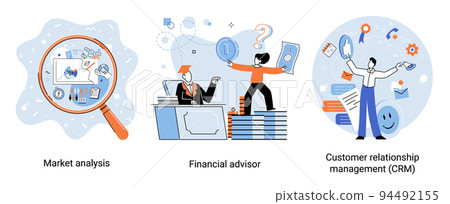 Market statistics analysis metaphor, financial advisor, customer relationship management business themes set Market statistics analysis metaphor, financial advisor, customer relationship management business themes set 94492155