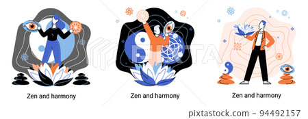 Zen and harmony metaphor, meditation practice. Balance, harmony and mindfulness concept. Calm person relaxing 94492157
