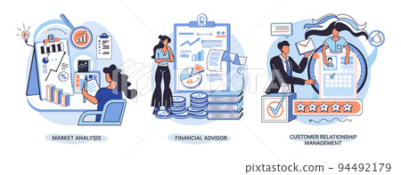 Market statistics analysis metaphor, financial advisor, customer relationship management business themes set 94492179