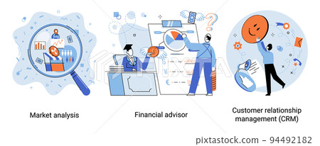 Market statistics analysis metaphor, financial advisor, customer relationship management business themes set Market statistics analysis metaphor, financial advisor, customer relationship management business themes set 94492182