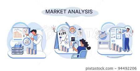 Market analysis metaphor, marketing strategy. Marketer analyzes sales plan, doing an advertising campaign Market analysis metaphor, marketing strategy. Marketer analyzes sales plan, doing an advertising campaign 94492206