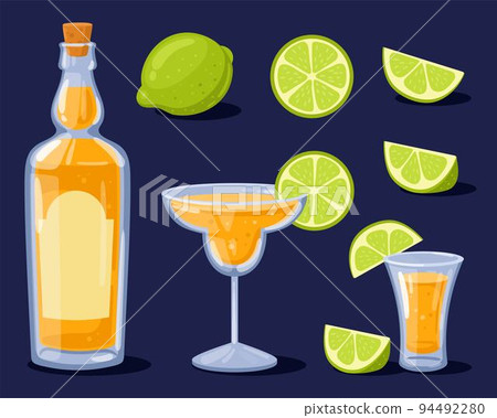Tequila bottle, shot, glass with tequila and lime. Mexican traditional alcoholic drink. Vector illustration in cartoon style. Lime whole, slice, cut. Tequila bottle, shot, glass with tequila and lime. Mexican traditional alcoholic drink. Vector illustration in cartoon style. Lime whole, slice, cut. 94492280