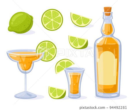 Tequila bottle, shot, glass with tequila and lime. Mexican traditional alcoholic drink. Vector illustration in cartoon style. Lime whole, slice, cut. Tequila bottle, shot, glass with tequila and lime. Mexican traditional alcoholic drink. Vector illustration in cartoon style. Lime whole, slice, cut. 94492281