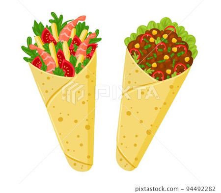 Cartoon Burritos with meat and vegetables. Mexican traditional food. Vector illustration. Isolated on white background. Cartoon Burritos with meat and vegetables. Mexican traditional food. Vector illustration. Isolated on white background. 94492282