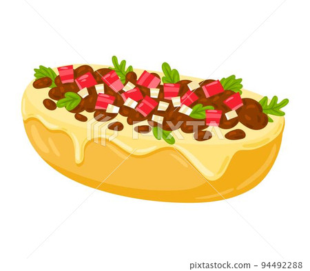 Cartoon Mollete Mexican food vector illustration. Traditional Mexican Cuisine. Molletes with sauce, beans and cheese isolated on white background. Cartoon Mollete Mexican food vector illustration. Traditional Mexican Cuisine. Molletes with sauce, beans and cheese isolated on white background. 94492288