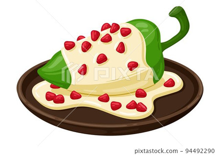 Cartoon Chiles en nogada, Chile Relleno, Poblano chili Mexican food vector illustration. Traditional Mexican Cuisine. Chiles en nogada with sauce isolated on white background. 94492290