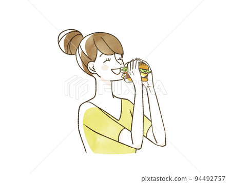 女人微笑著吃漢堡包 94492757