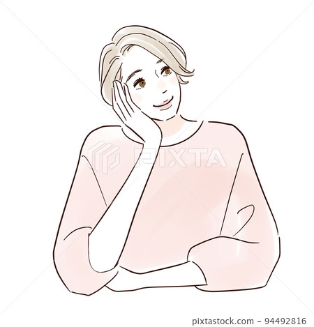 一個短髮的女人,托著下巴,期待著什麼 一個短髮的女人,托著下巴,期待著什麼 94492816