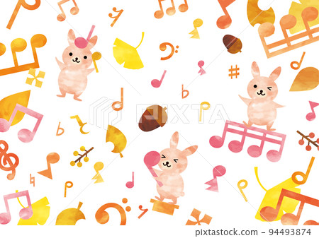 兔子玩秋季水彩筆記和枯葉的背景 94493874