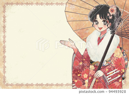 老女孩卡通插圖 一個穿著和服的女人解釋的眼睛捕捉 94493928