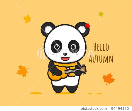 Panda playing guitar hello autumn banner cartoon icon vector illustration 94494350