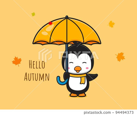 Penguin saying hello autumn banner cartoon icon vector illustration 94494373