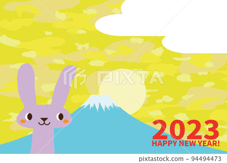 2023年新年賀卡與一隻可愛的簡單兔子,富士山和金色的天空 2023年新年賀卡與一隻可愛的簡單兔子,富士山和金色的天空 94494473