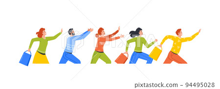 People Run, Characters Row Hurry for Sale, Shopping Discount, Businessmen, Businesswomen with Bags Late in Office 94495028