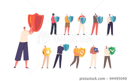 Set of People Holding Shields, Men and Women Covering From Cyber or Virus Attack. Data Base Protection, Insurance 94495040