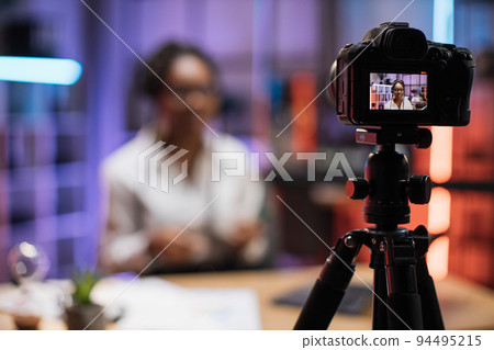 Focus on camera screen with attractive confident experienced smart female african american 94495215