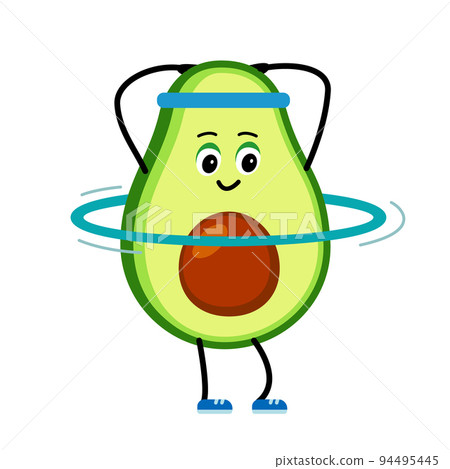 Cute strong avocado character twirls a hula hoop. Cartoon Avocado gym, health, fitness. Cute strong avocado character twirls a hula hoop. Cartoon Avocado gym, health, fitness. 94495445