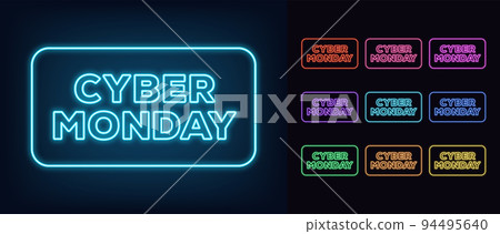 Outline neon Cyber Monday text with frame. Glowing neon Cyber Monday tag for online sale, promo text for social media 94495640