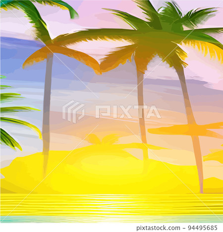 miami beach with palm trees at sunset .Tropical landscape with sunny sky, palm trees on the beach. silhouette of palm trees on the sunset beach miami beach with palm trees at sunset .Tropical landscape with sunny sky, palm trees on the beach. silhouette of palm trees on the sunset beach 94495685