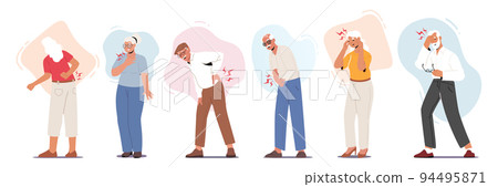 Set Elderly People Suffer of Ache in Body Parts Back, Head, Arms and Heart. Senior Characters Feel Pain. Health Problem Set Elderly People Suffer of Ache in Body Parts Back, Head, Arms and Heart. Senior Characters Feel Pain. Health Problem 94495871