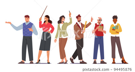 Teachers with Textbook, Chalk, Ruler or Pointer Teach on Lesson. Young and Senior Men or Women Explain Classes 94495876