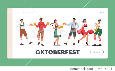 Traditional German Oktoberfest Landing Page Template. Characters Wear Bavarian Costume And Dress Celebrate Beer Festival Traditional German Oktoberfest Landing Page Template. Characters Wear Bavarian Costume And Dress Celebrate Beer Festival 94495881