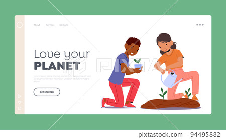 Love Your Planet Landing Page Template. Children Gardening, Preschool Or Kindergarten. Happy Kid Characters Boy And Girl Love Your Planet Landing Page Template. Children Gardening, Preschool Or Kindergarten. Happy Kid Characters Boy And Girl 94495882