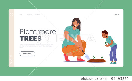 Child With Mother Or Teacher Doing Gardening Landing Page Template. People Planting And Caring Of Plants 94495883