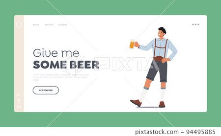 Traditional Oktoberfest German Beer Fest Landing Page Template. Male Character Wear Bavarian Costume Holding Beer Mug 94495885