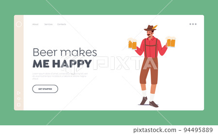 Traditional German Beer Fest Celebration Landing Page Template. Male Character Wear Bavarian Costume And Hat 94495889