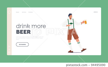 Traditional German Beer Fest Landing Page Template. Male Character Wear Bavarian Costume Holding Beer Tankard Traditional German Beer Fest Landing Page Template. Male Character Wear Bavarian Costume Holding Beer Tankard 94495890