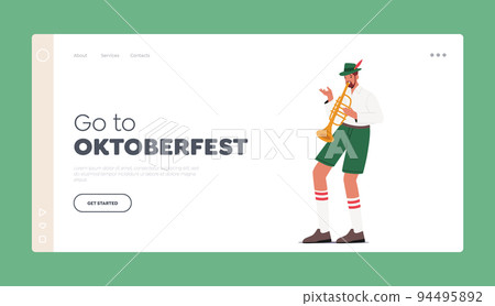 Oktoberfest Event Party Landing Page Template. Male Character Wear Bavarian Costume Playing Trumpet During Festival Oktoberfest Event Party Landing Page Template. Male Character Wear Bavarian Costume Playing Trumpet During Festival 94495892