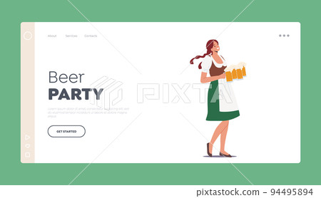 German Beer Fest Party Concept Landing Page Template. Female Wear Traditional Bavarian Peasant Dress Holding Tankards German Beer Fest Party Concept Landing Page Template. Female Wear Traditional Bavarian Peasant Dress Holding Tankards 94495894