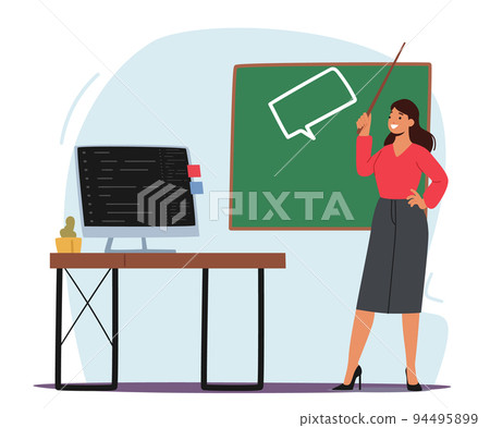 Language Teacher Stand At Blackboard With Pointer In Hand Explain Rules To Students In Classroom. Young Woman Tutor 94495899