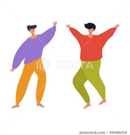 Two male disco dancers in flat cartoon design. Vector minimalism. Two male disco dancers in flat cartoon design. Vector minimalism. 94496059