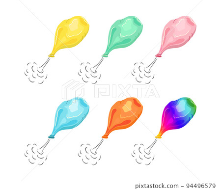 Multicoloured Balloons deflates, flies away set. Scientific experiment. Vector cartoon illustration. 94496579