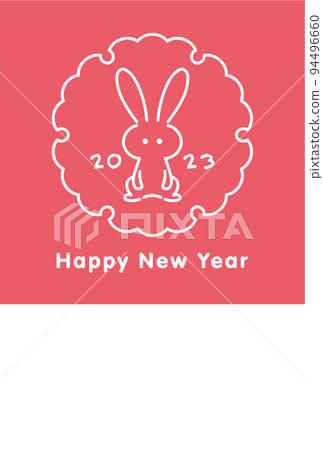 2023 New Year's card template with a simple line drawing of a rabbit facing the front and a snowflake vector illustration 2023 New Year's card template with a simple line drawing of a rabbit facing the front and a snowflake vector illustration 94496660