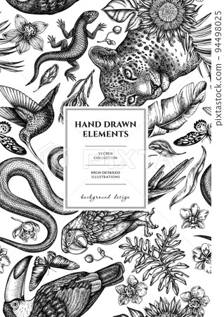 Tropical animals pattern card design. Hand drawn leopard, snake, lizard, hummingbird, toucan, scarlet macaw, rajah brooke's birdwing, african giant swallowtail, monstera, banana palm leaves 94498025
