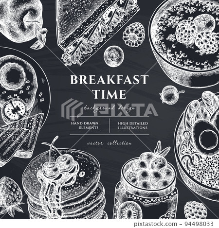 Breakfast hand drawn illustration design. Background with chalk sandwich, pancakes, bowl with avocado, porridge with berries, chia pudding, fried eggs, raspberry, blueberry, strawberry, apples. 94498033
