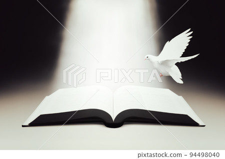 The shining word of life, the Bible, the bright beam of light, and the white dove of the Holy Spirit 94498040