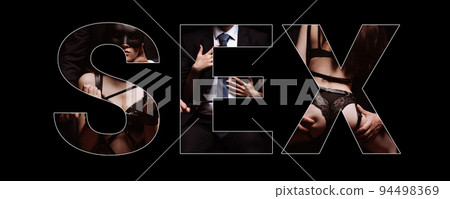 Creative inscription Sex with a BDSM couple. Collage with a dominant man and a submissive girl Creative inscription Sex with a BDSM couple. Collage with a dominant man and a submissive girl 94498369