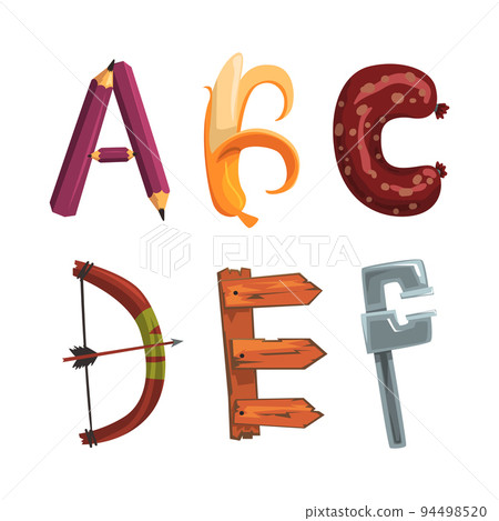 Alphabet with various objects. A,B,C,D,E,F creative cartoon letters made of sausages, measuring tool, bow, banana vector illustration 94498520