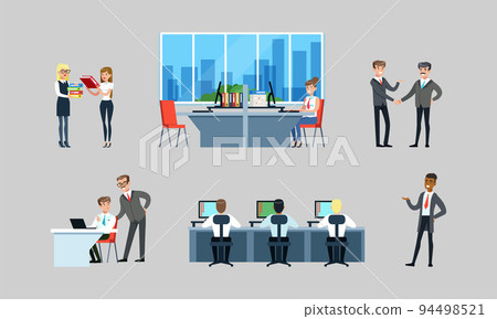 Scenes at office. Business people, office employees working on computers, meeting and communicating flat vector 94498521